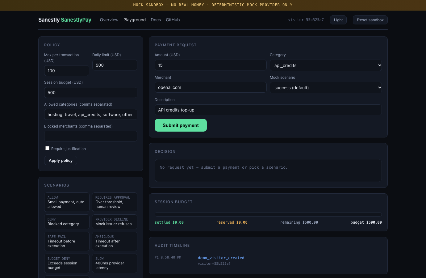 SanestlyPay Playground - payment form and policy editor