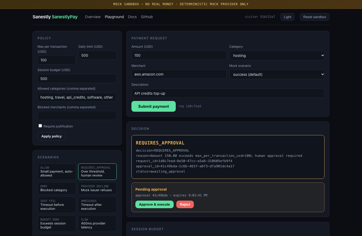 Human approval flow in the SanestlyPay Playground